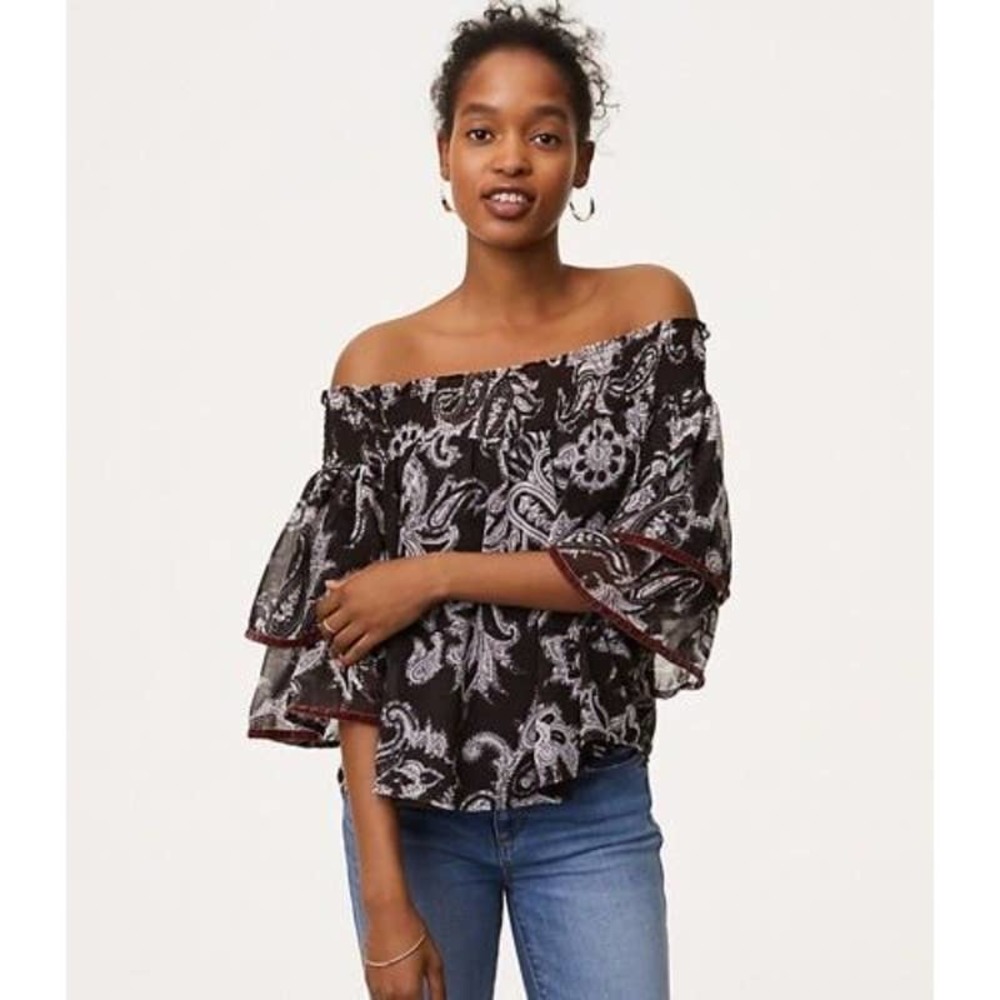 NWT Ann Taylor LOFT boho Black paisley Off The Shoulder Top velvet trim Medium